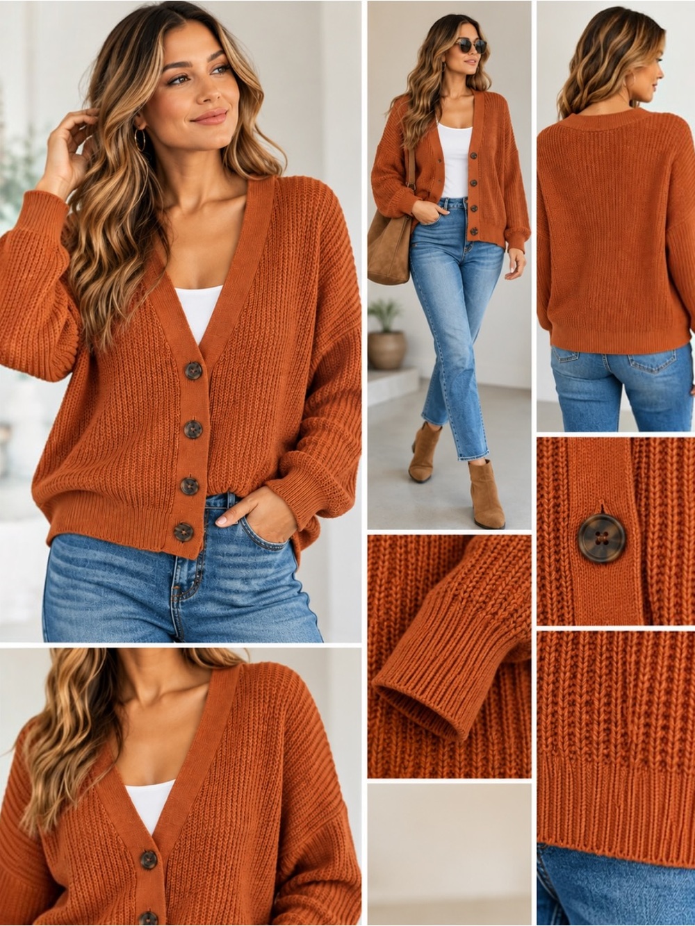 LC Lauren Conrad Cardigan Sweater XL Rust Burnt Orange Chunky Knit Button Front
